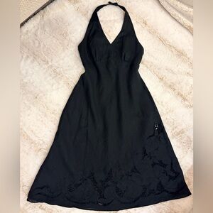 Vintage Y2K Ann Taylor 100% Linen Black Floral Halter Midi Dress Lined - Size 4